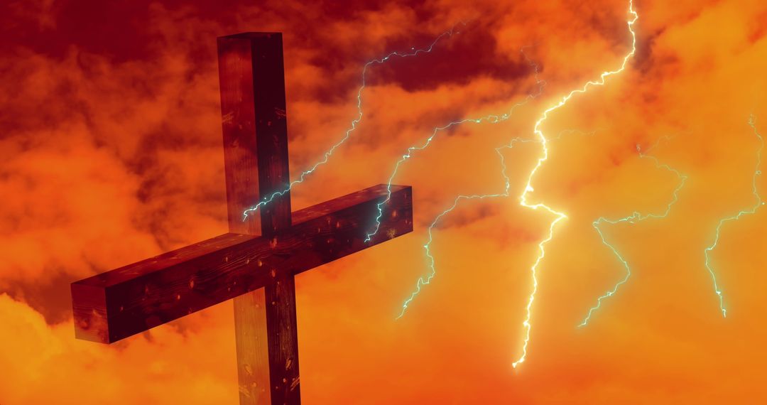 Ethereal Cross with Dramatic Lightning in Vibrant Cloudy Sky
