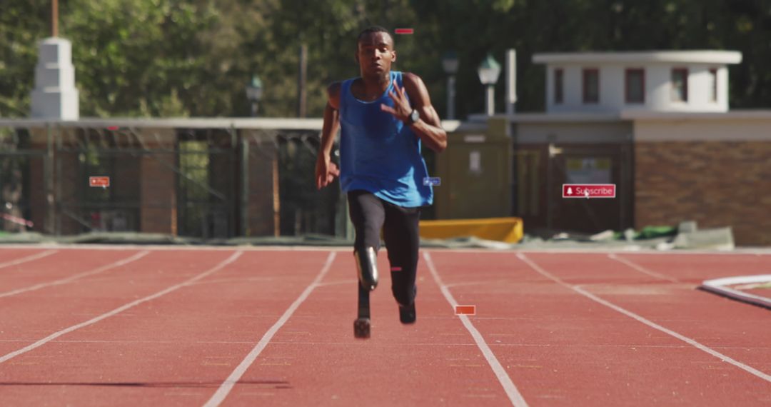 African American Athlete Running with Digital Overlays
