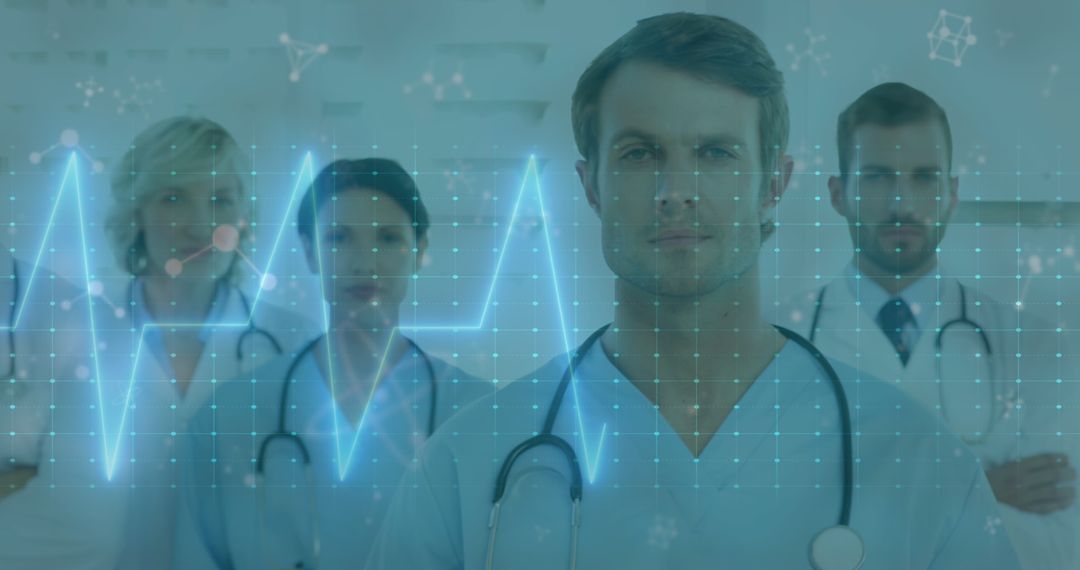 Medical Team with Digital Heartbeat Overlay