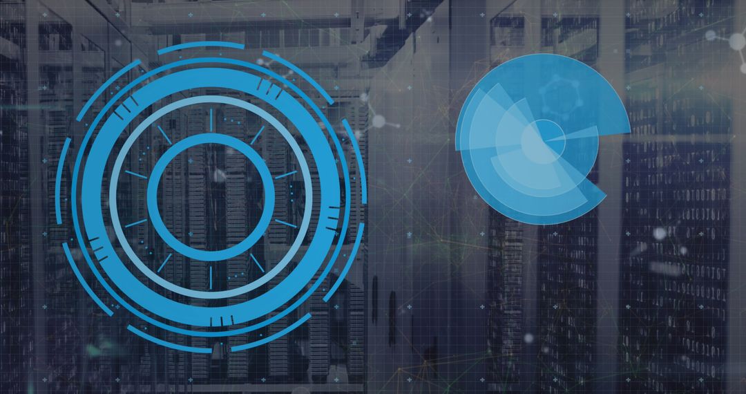 Digital Interface with Futuristic Graphics Over Server Room