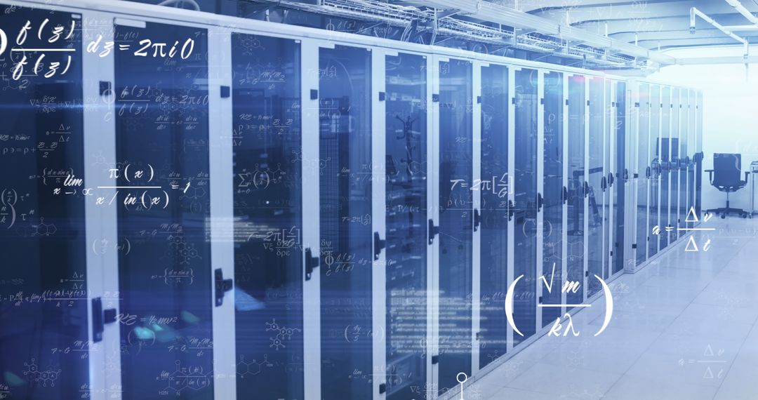 Computer Servers with Overlaid Mathematical Equations in Technology Data Center