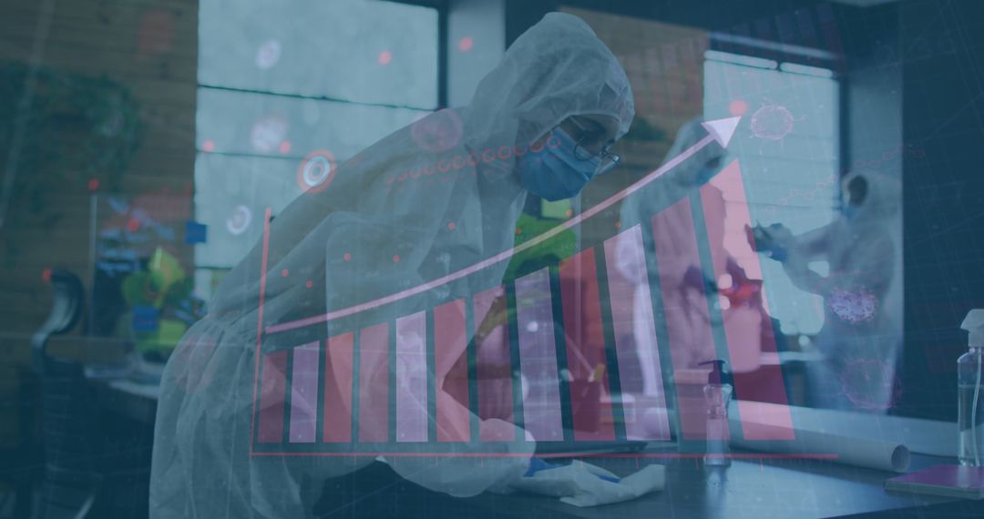 Scientist Performing Sanitization amidst Rising Data Charts in Cleanroom
