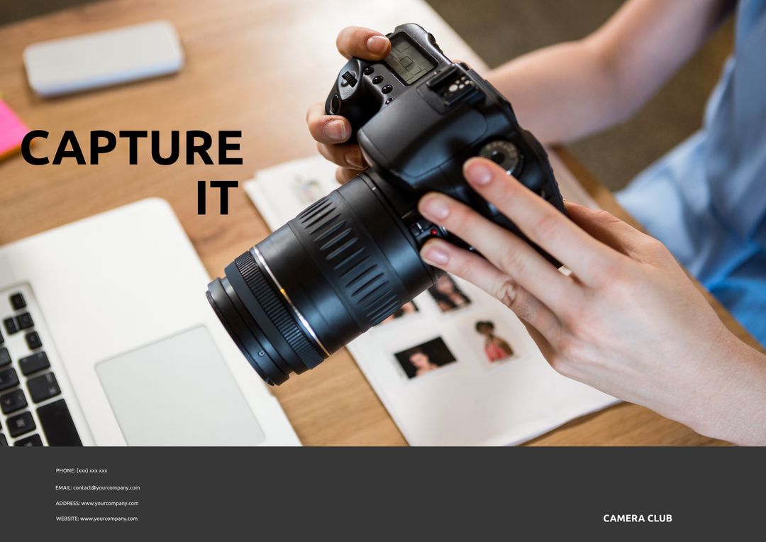 Hands Holding DSLR Camera Near Laptop with Photography Prints - Download Free Stock Templates Pikwizard.com