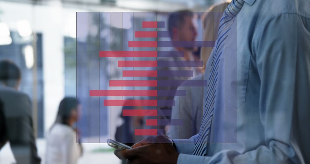 Businessman Analyzing Data on Smartphone with Transparent Bar Chart Overlay