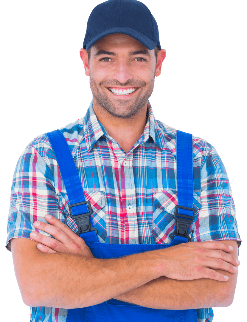Smiling Transparent Repairman with Crossed Arms in Blue Overalls