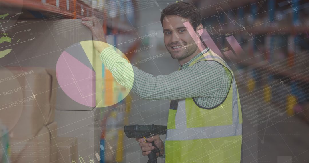 Warehouse Worker Overlaid with Financial Data Interface