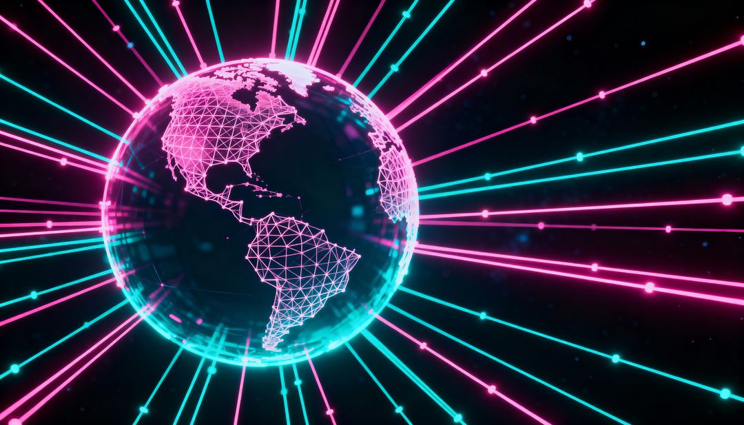 Neon Wireframe Earth Emitting Magenta and Cyan Data Beams for Cyber Network Design