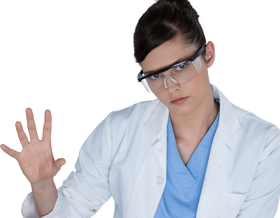 Transparent Female Scientist Gesturing Hand Raised