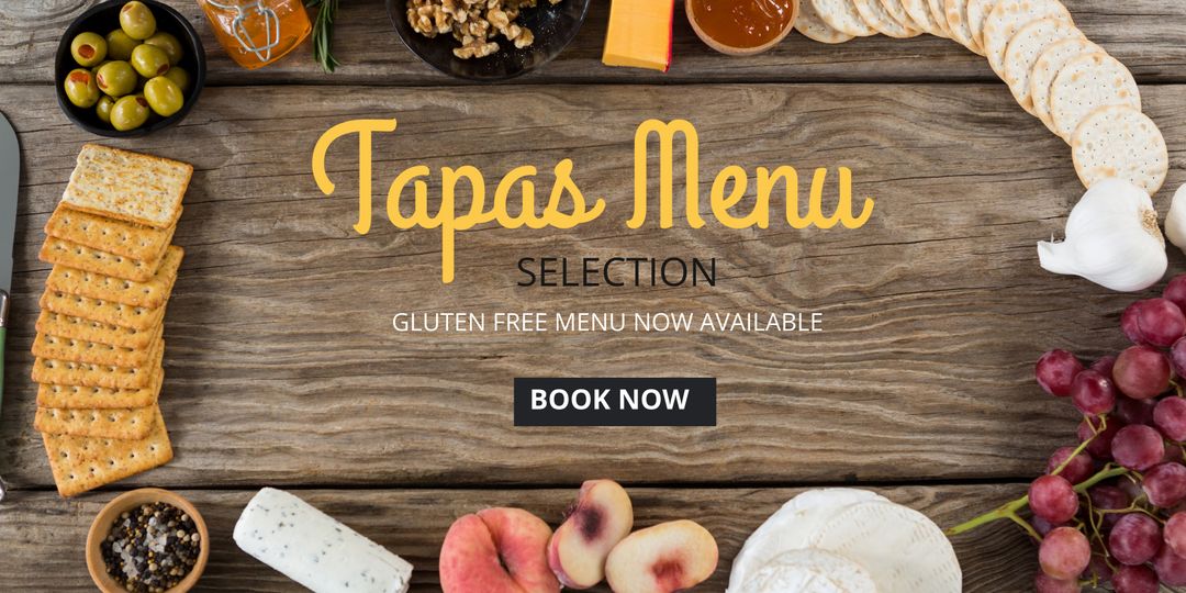 Tapas Menu with Varied Appetizers on Rustic Wooden Table