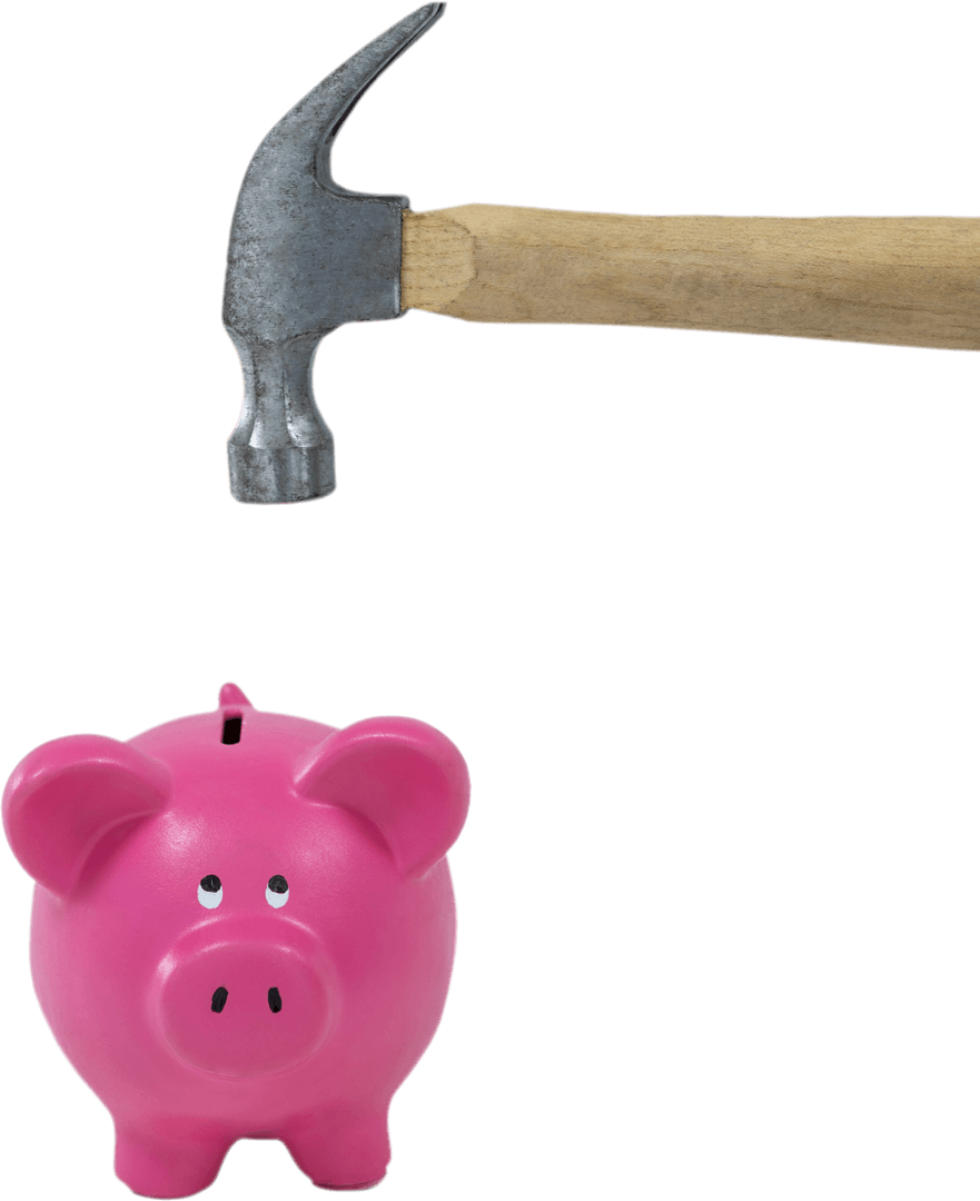 Transparent Hammer Approaching Pink Piggy Bank Symbolizing Savings