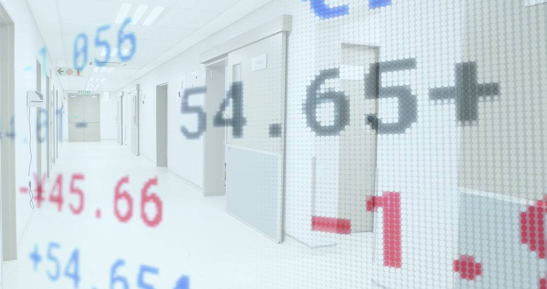 Healthcare finance concept: hospital corridor with stock market overlay