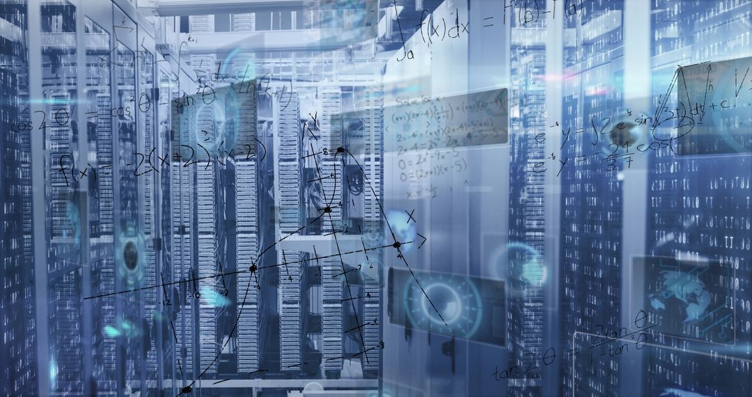 Futuristic Data Center with Holographic Technology Overlays