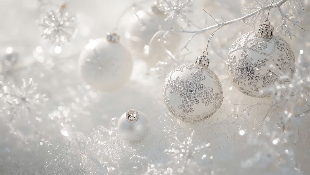 White and Silver Christmas Ornaments with Sparkling Snowflake Design on Frosted Tinsel