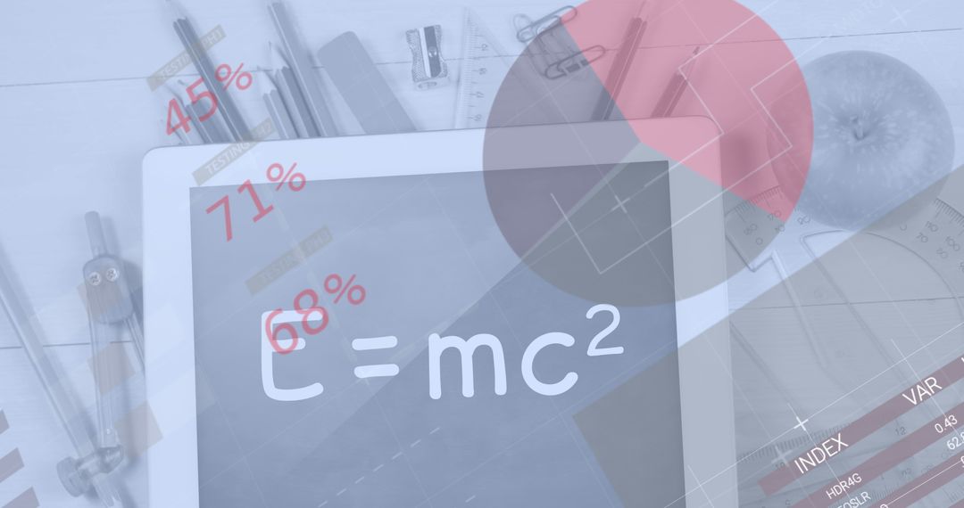 Digital Education Infographic with Equation Overlay on Tablet