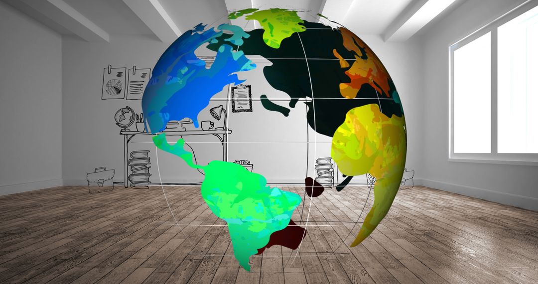 Virtual Globe with Educational Icon Background in Empty Room