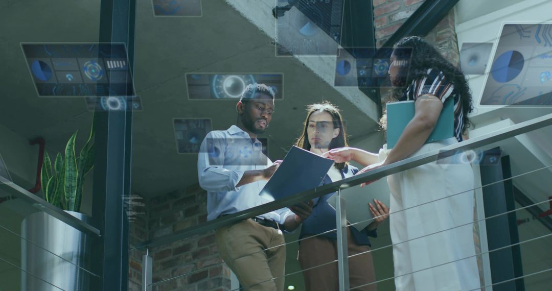 Diverse Team Analyzing Holographic Data in Modern Office