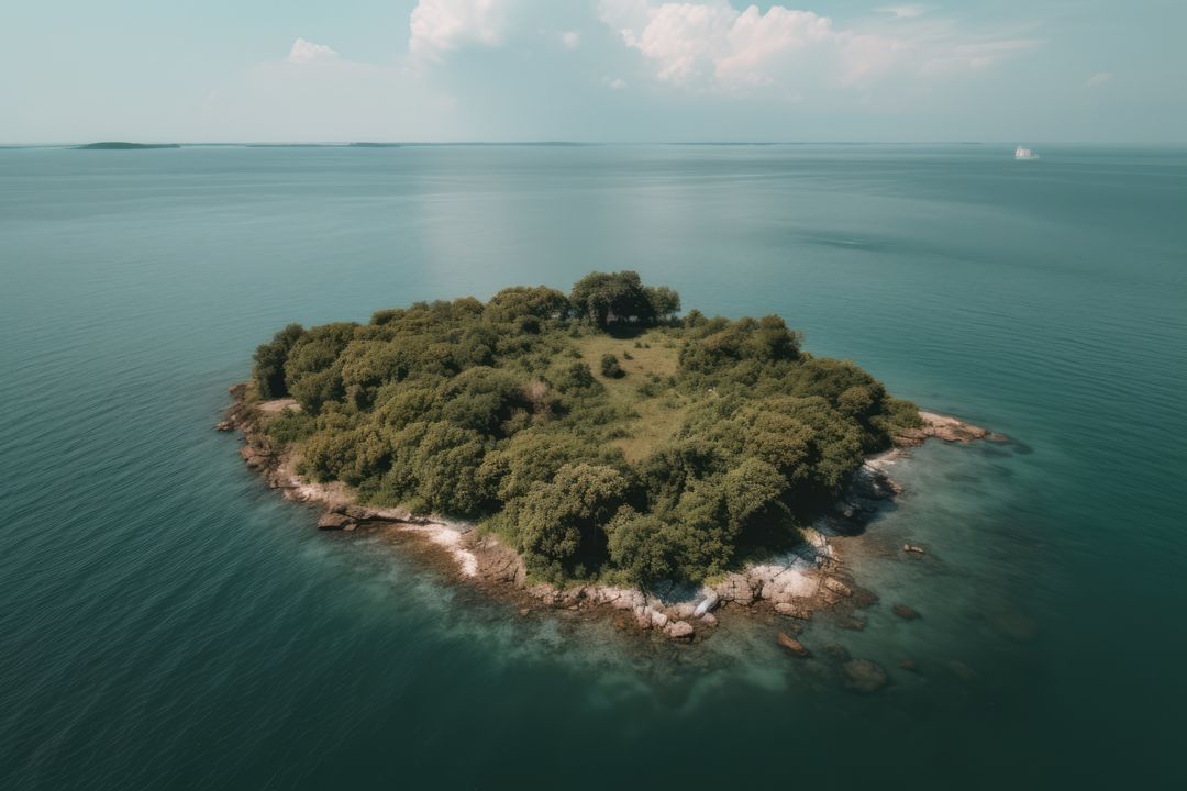 Aerial view of island in sea, with rocks, grass and trees, created using generative ai technology - Free Images, Stock Photos and Pictures on Pikwizard.com