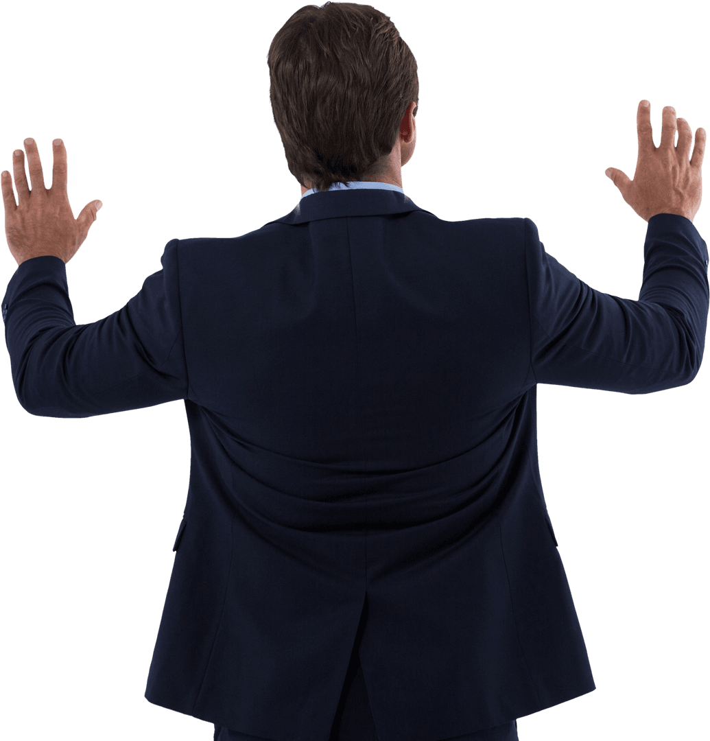 Businessman Standing Behind Transparent Interactive Screen