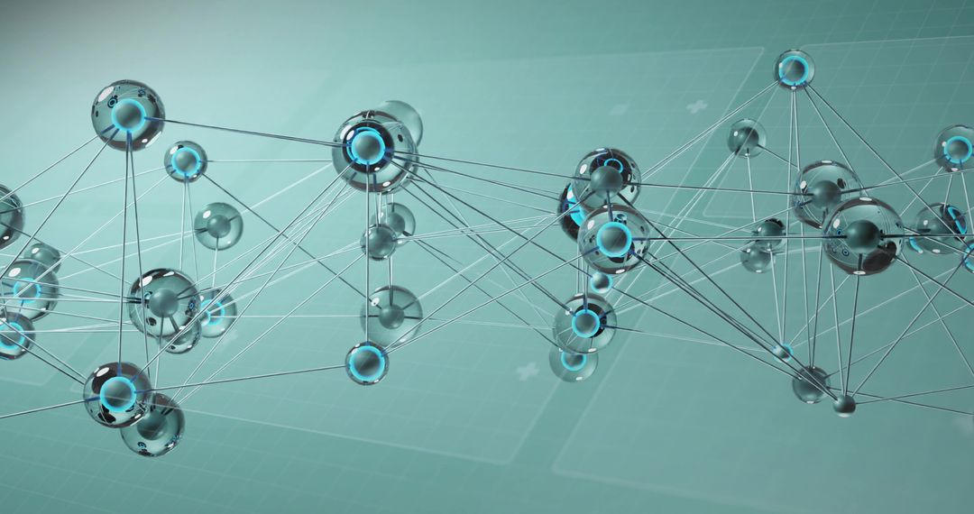 Connecting 3D Molecular Network Linking Glass Spheres with Cyan Cores on Teal Grid Panel