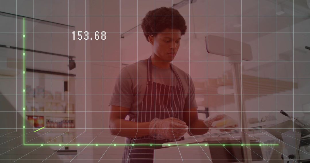 Café Worker Preparing Sandwich with Data Overlay