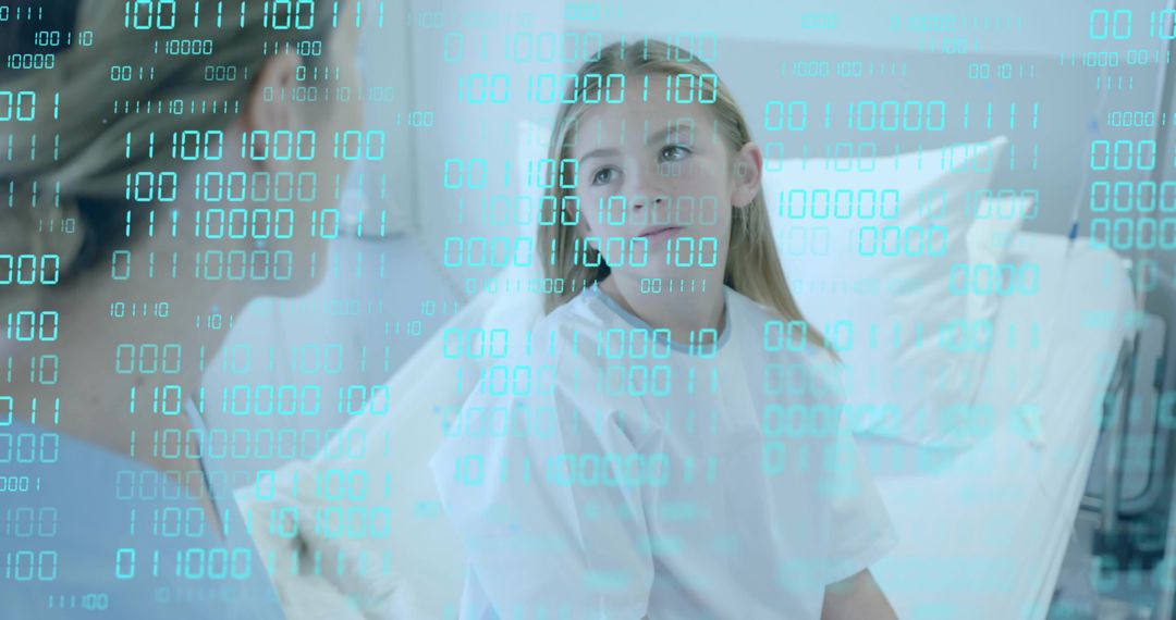 Pediatric patient interacting with nurse at bedside with binary digital health overlay