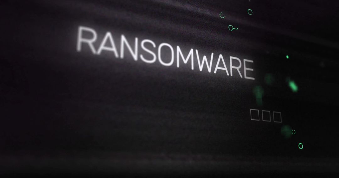 Ransomware Text with Digital Interface Layers on Dark Background