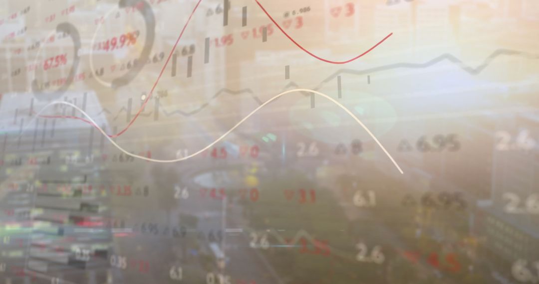 Abstract Financial Graph Overlay with Cityscape in Background