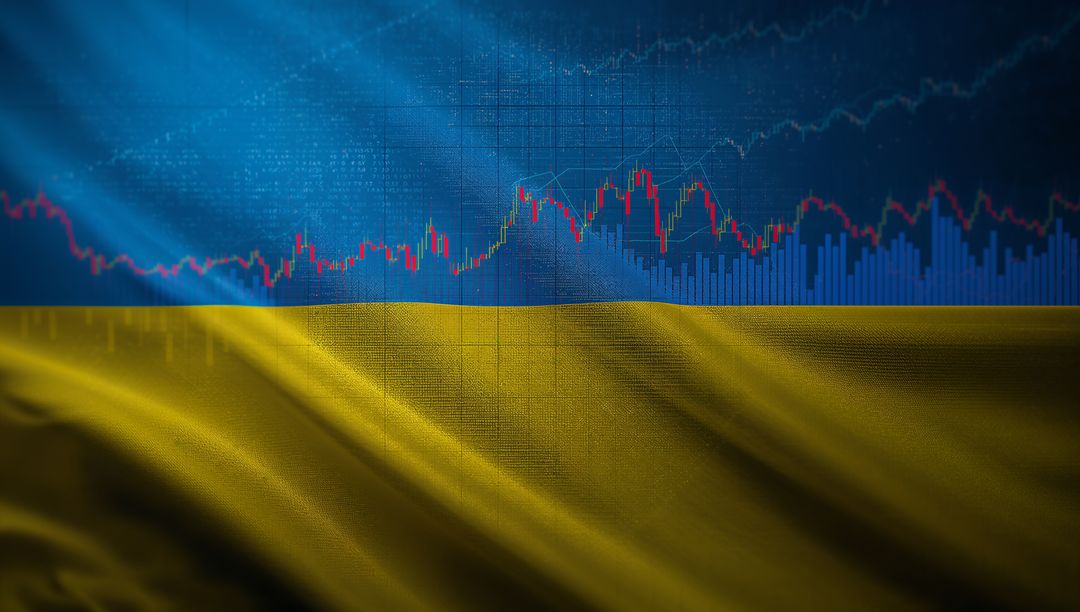 Ukrainian Flag Overlaid with Digital Trading Chart and Data