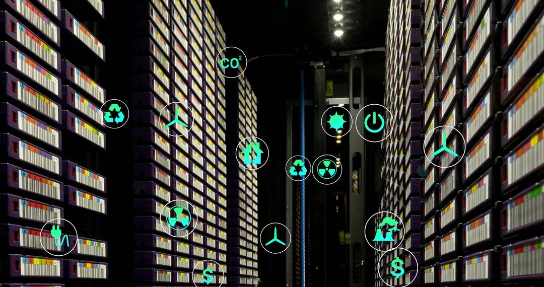 Data Center with Eco-Friendly Icons and Digital Technology