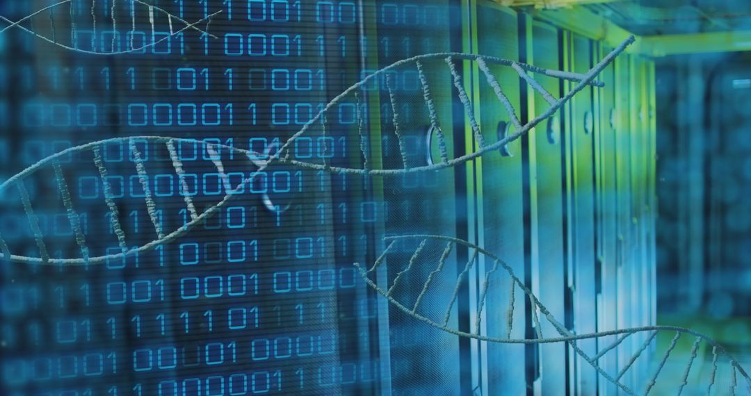 DNA Helix Overlay on Binary Code and Server Room - Free Images, Stock Photos and Pictures on Pikwizard.com