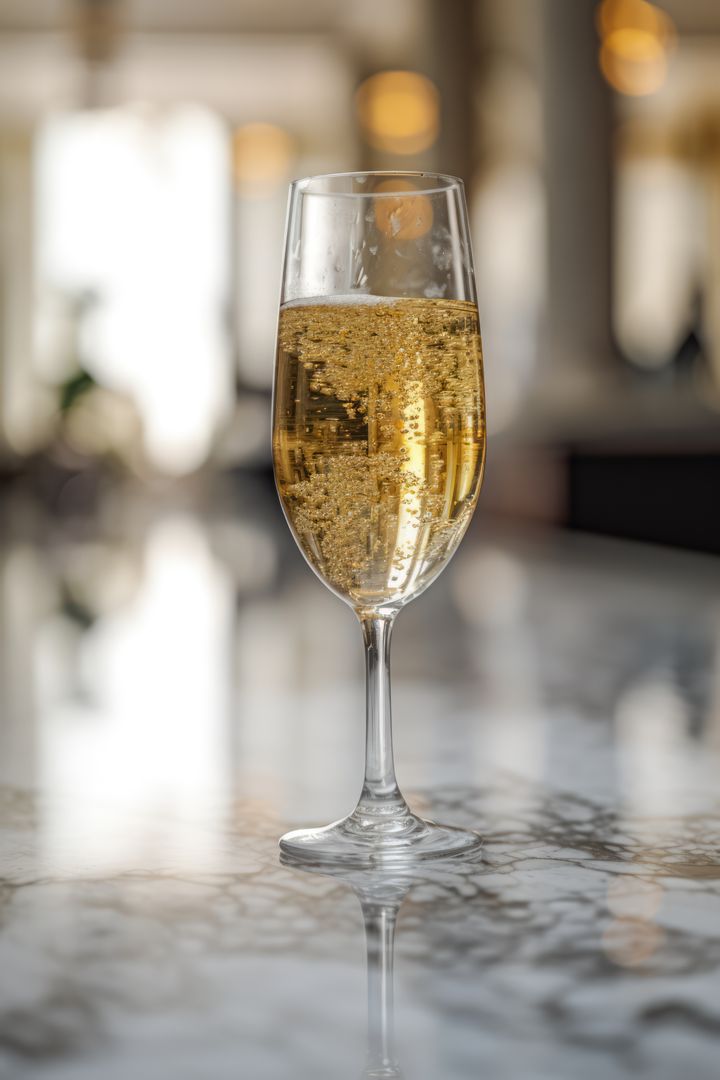 Close-up of Champagne Glass with Bubbles on Elegant Marble Table - Free Images, Stock Photos and Pictures on Pikwizard.com