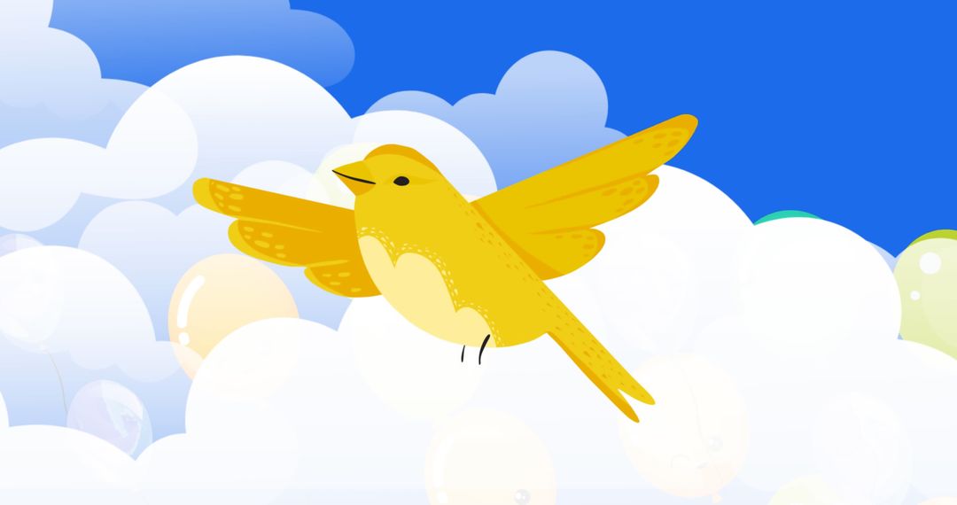 Digital Illustration of Bird with Balloons Among Clouds