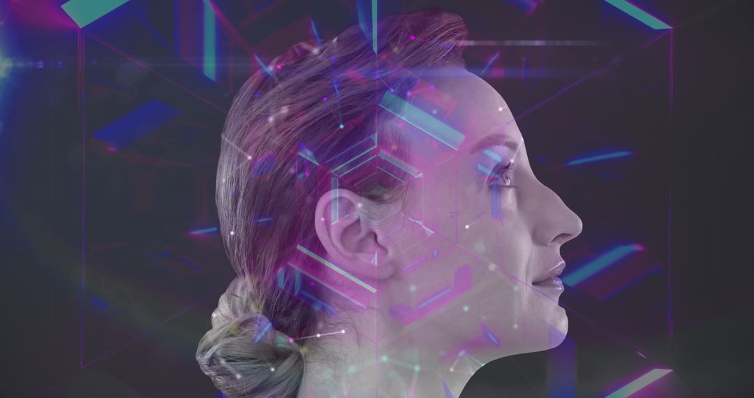 Side View of Woman with Futuristic Neon Light Tunnel Overlay