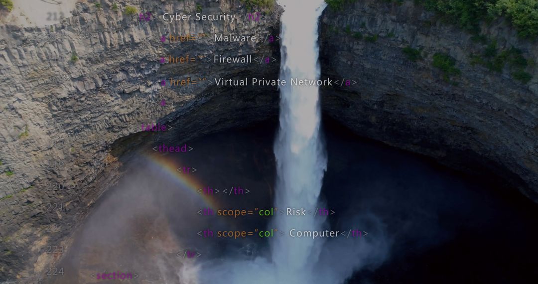 Digital Data Streams Flowing Over Majestic Waterfall