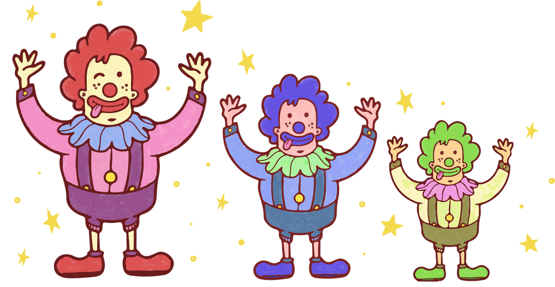 Playful Colorful Clowns with Stars on Transparent Background