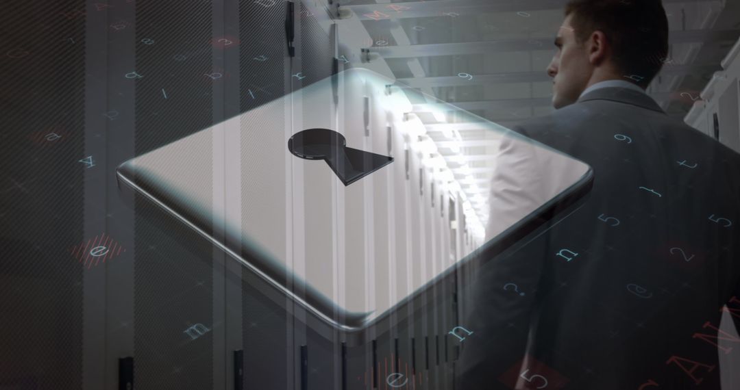 Cybersecurity Concept with Padlock Icon and Server Room Interior