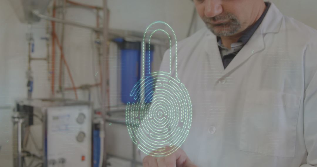 Scientist Analyzing Virtual Lock Hologram in Advanced Lab