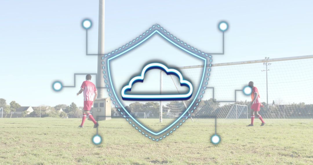 Cloud Security Shield Over Soccer Pitch with Connected Network Nodes and Players