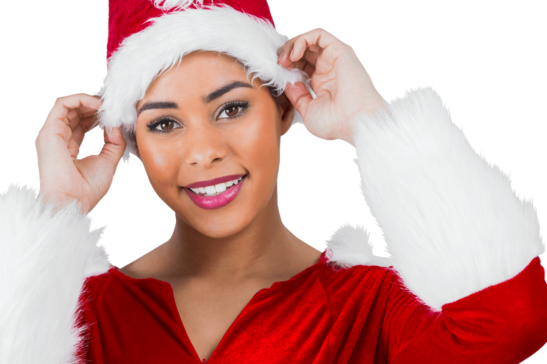 Smiling Woman in Santa Claus Costume on Transparent Background