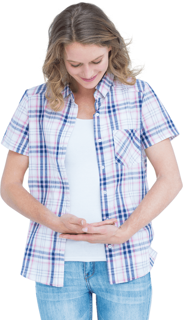 Smiling Woman in Checkered Shirt Holding Forest