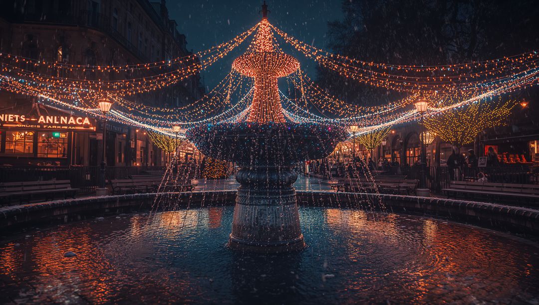 Illuminated Fountain Adorned with String Lights in Urban Plaza at Night