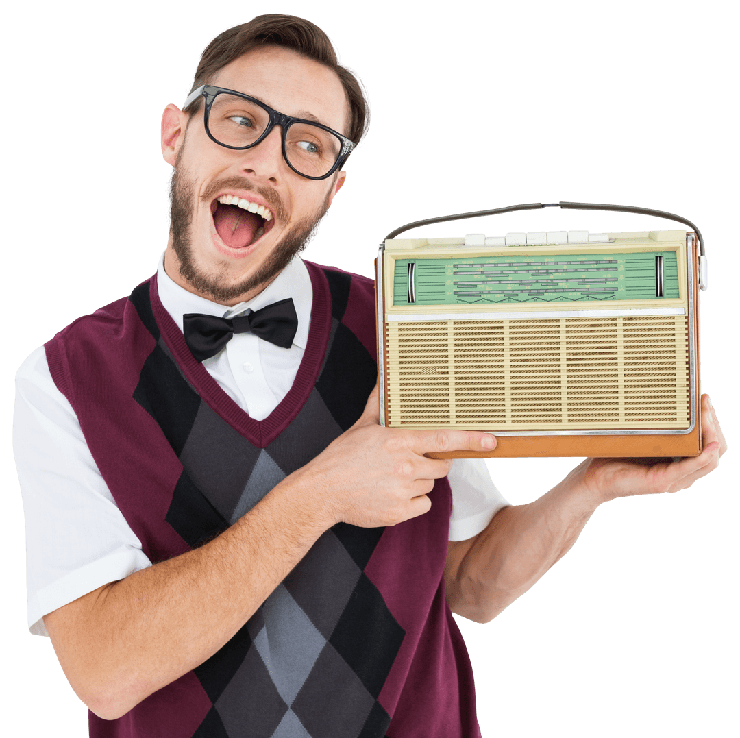 Retro Enthusiast Smiling Holding Vintage Portable Radio Transparent