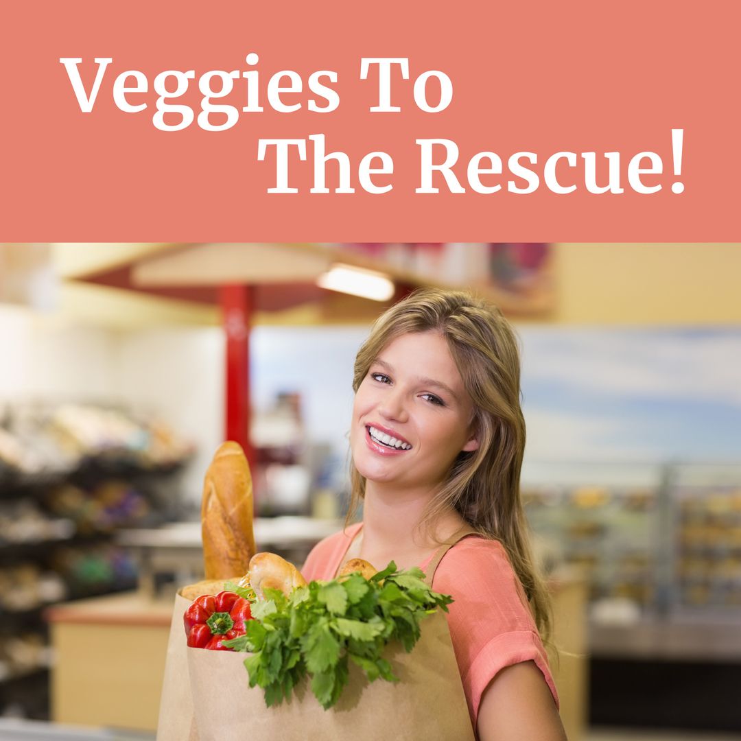 Smiling Woman Holding Grocery Bag with Fresh Vegetables