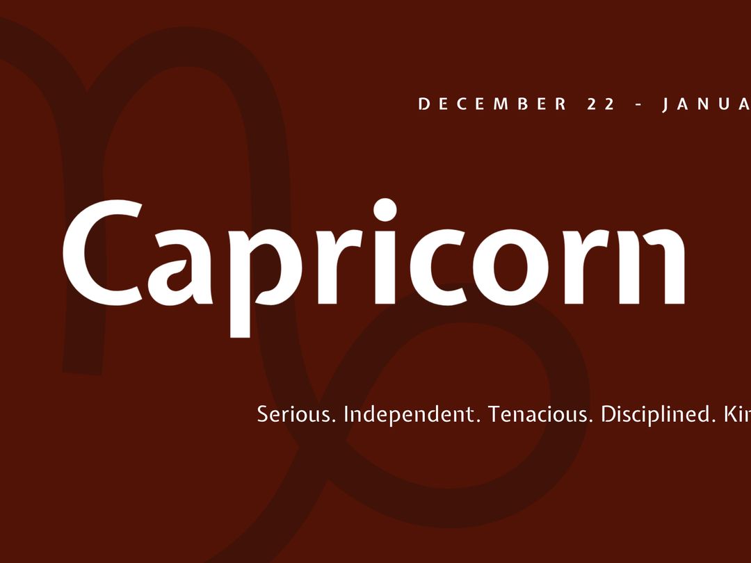 Bold Capricorn Sign with Inspiring Descriptors on Maroon Background