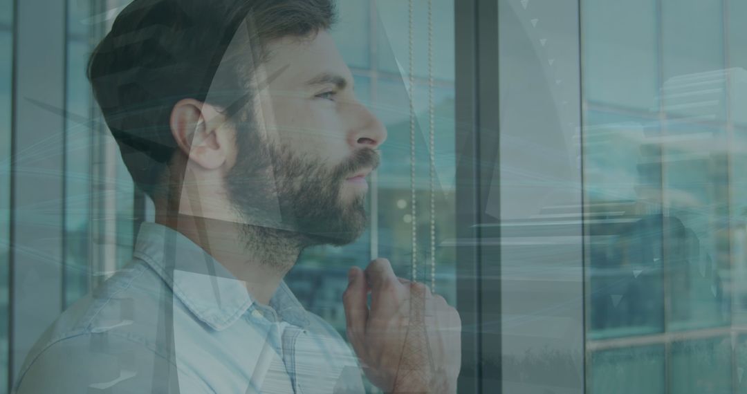 Pensive Businessman Reflecting Amidst Digital Data Overlay