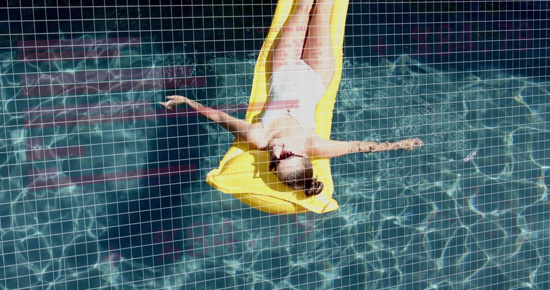 Aerial view woman sunbathing on yellow inflatable lounger floating in tiled swimming pool