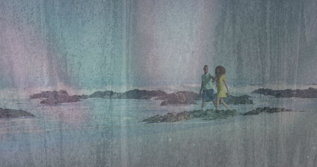 Couple Enjoying Walk on Rocky Beach During Low Tide