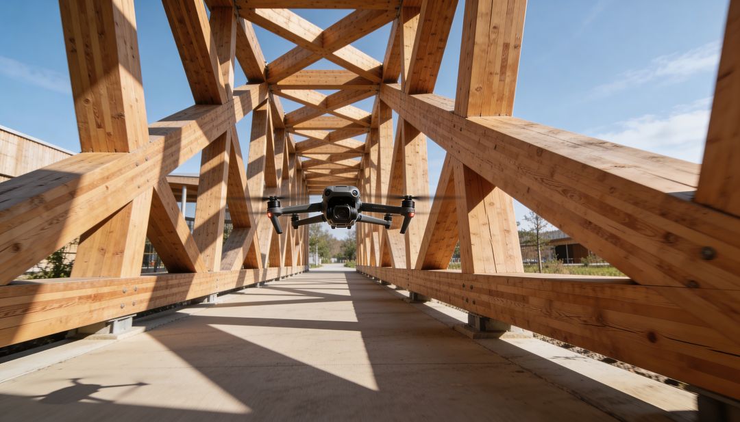 Hovering Drone Filming Timber Truss Bridge Walkway Casting Geometric Light and Shadow