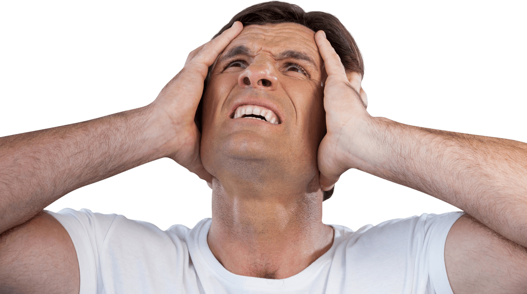 Transparent Frustration: Man with Head in Hands Looking Up