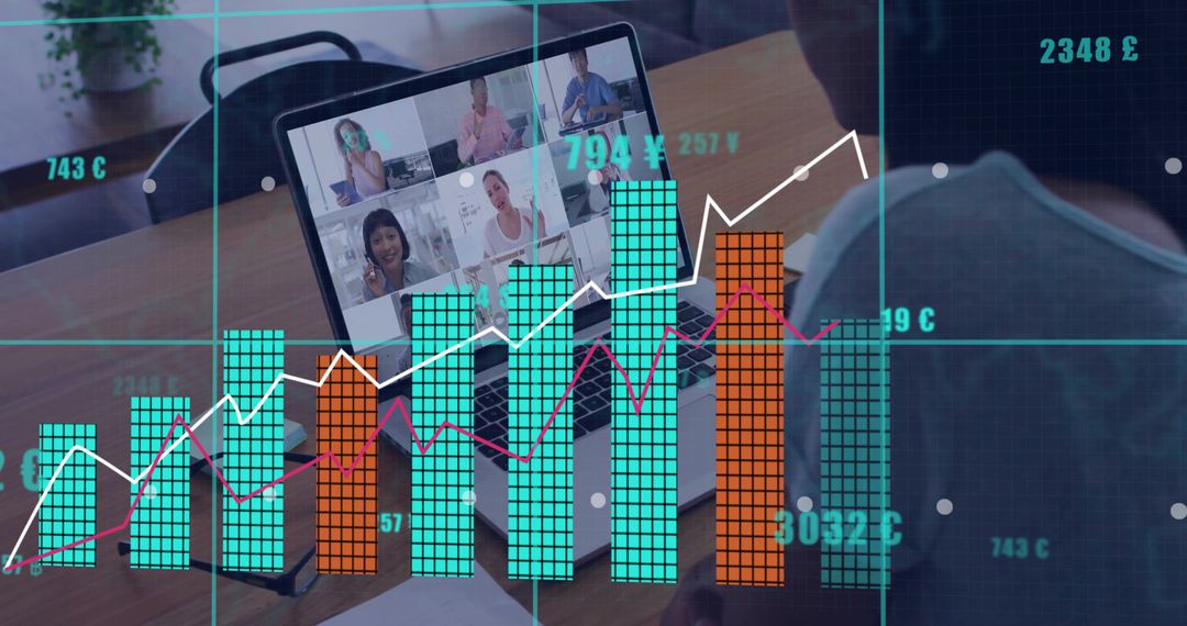 Virtual Conference Call with Financial Data Overlay on Laptop